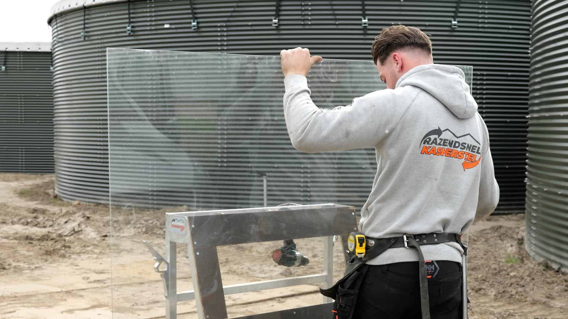 Glasplaten van 4 mm met bijbehorende bevestigingsmaterialen, geschikt voor tuinkas renovatie.